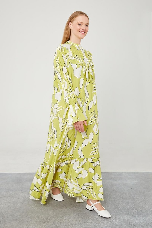 LevidorLevidor Fıstık Yeşili Çiçek Desen Volanlı Elbise