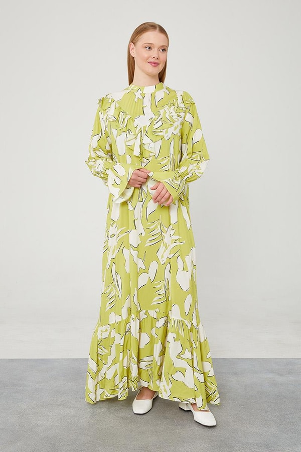 LevidorLevidor Fıstık Yeşili Çiçek Desen Volanlı Elbise