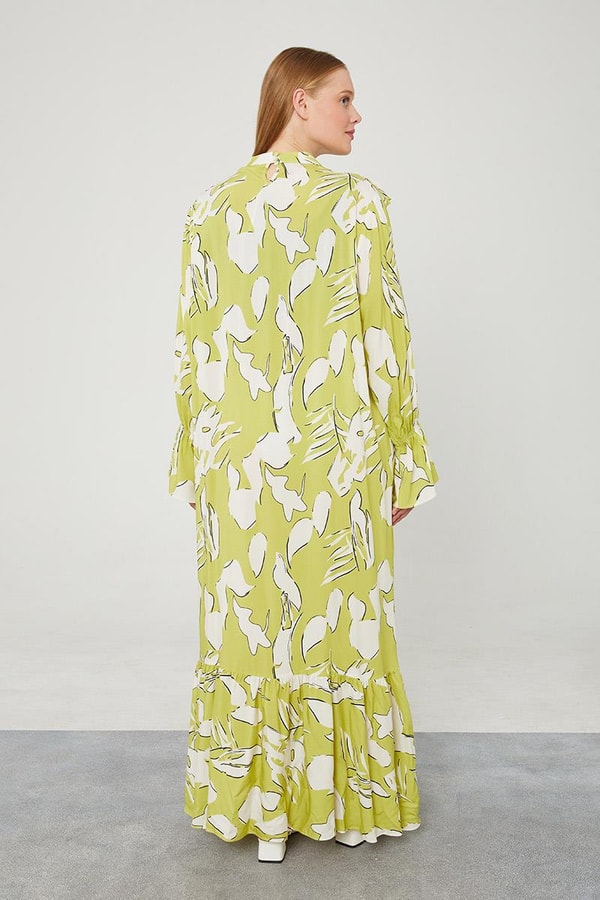 LevidorLevidor Fıstık Yeşili Çiçek Desen Volanlı Elbise