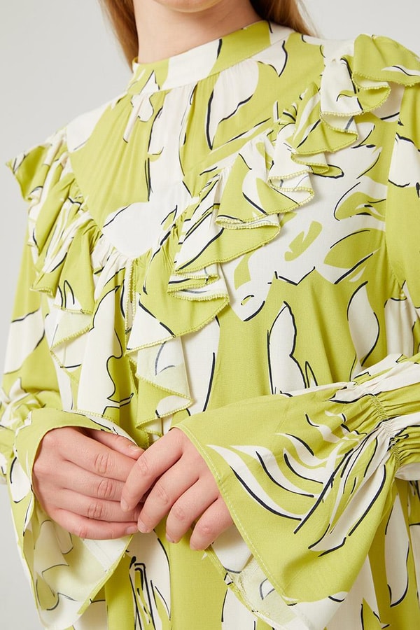 LevidorLevidor Fıstık Yeşili Çiçek Desen Volanlı Elbise