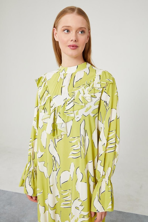 LevidorLevidor Fıstık Yeşili Çiçek Desen Volanlı Elbise