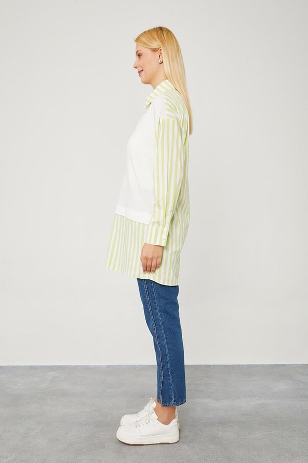 LevidorLevidor Fıstık Yeşili Çizgili Poplin Kumaş Karışımlı Sweat