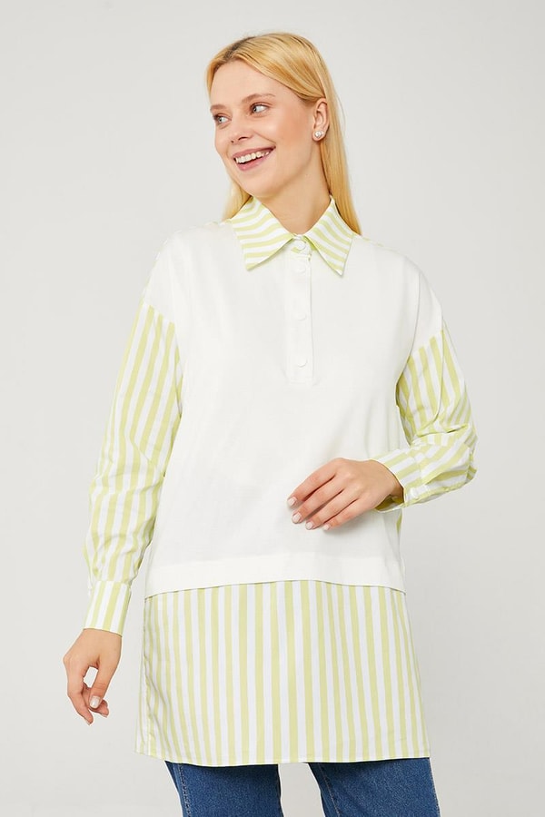 LevidorLevidor Fıstık Yeşili Çizgili Poplin Kumaş Karışımlı Sweat