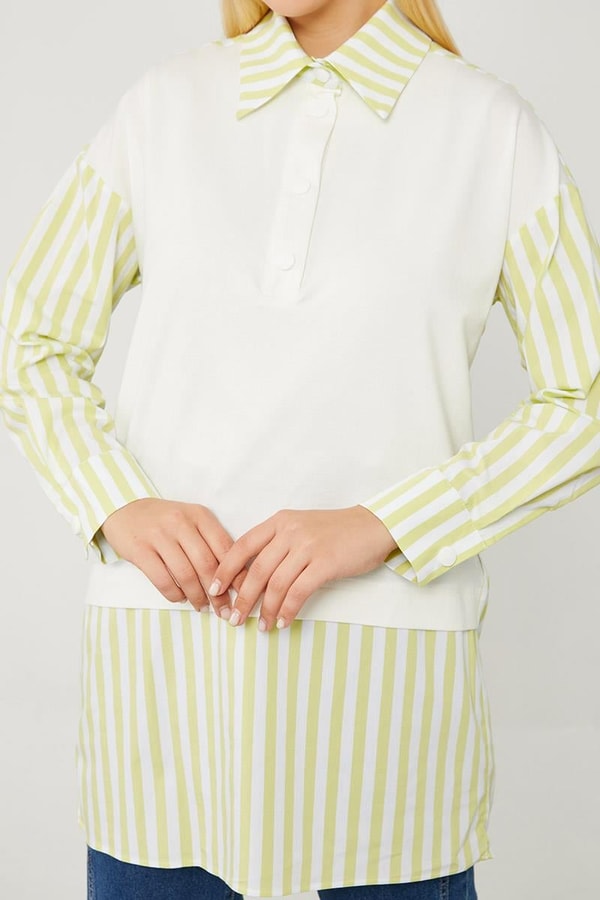 LevidorLevidor Fıstık Yeşili Çizgili Poplin Kumaş Karışımlı Sweat