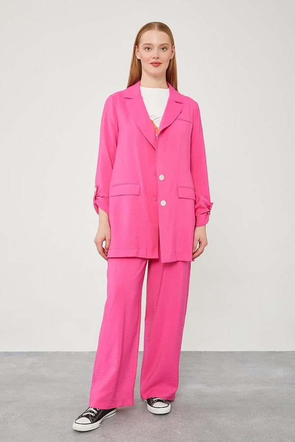 LevidorLevidor Fuşya Baskılı İçlikli Geniş Paça Pantolonlu Ceket Takım