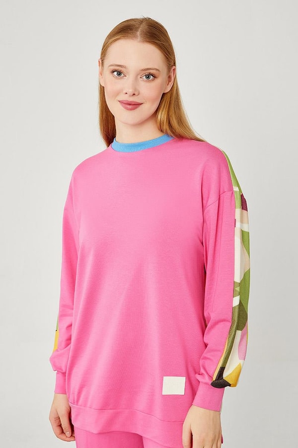 LevidorLevidor Fuşya Bisiklet Yaka Geometrik Desen Spor Takım