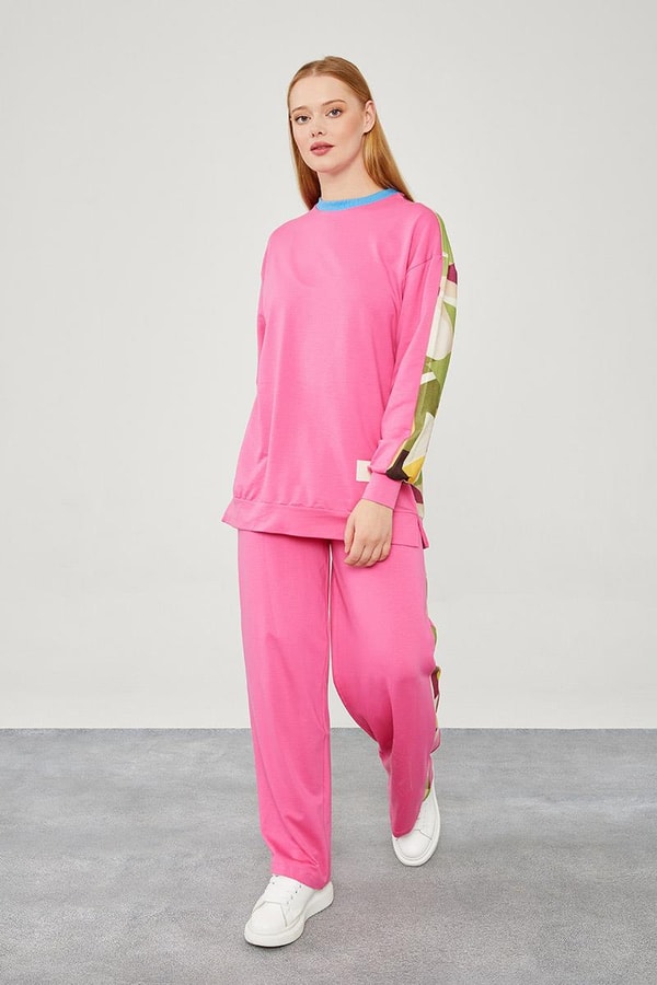 LevidorLevidor Fuşya Bisiklet Yaka Geometrik Desen Spor Takım