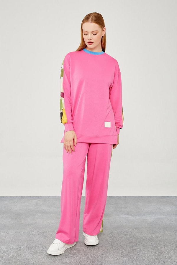 LevidorLevidor Fuşya Bisiklet Yaka Geometrik Desen Spor Takım