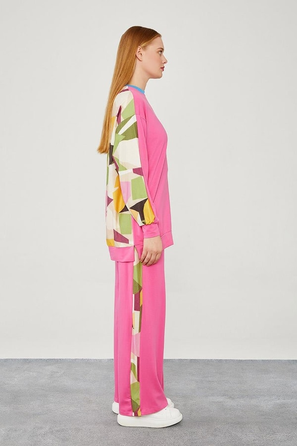 LevidorLevidor Fuşya Bisiklet Yaka Geometrik Desen Spor Takım