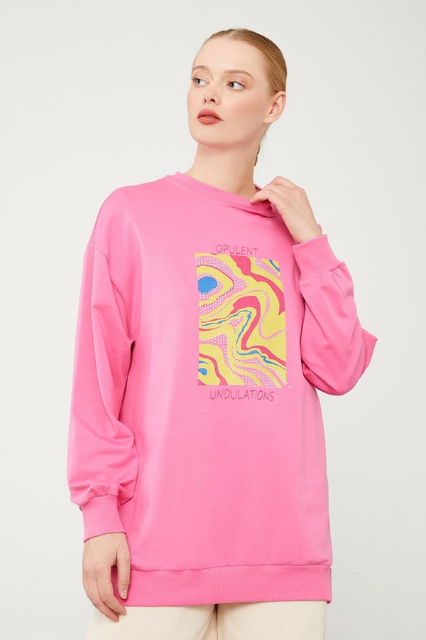 LevidorLevidor Fuşya Bisiklet Yaka Taş Baskılı Sweat