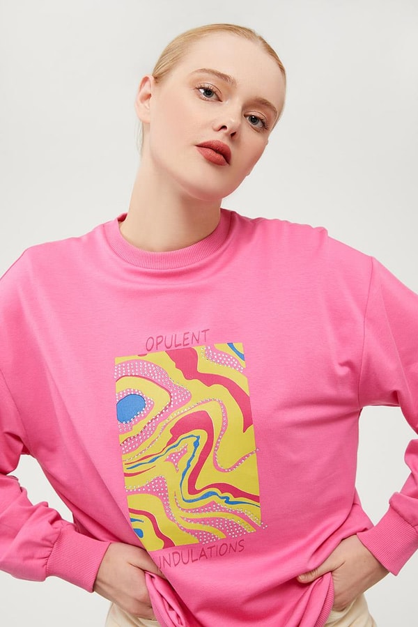 LevidorLevidor Fuşya Bisiklet Yaka Taş Baskılı Sweat