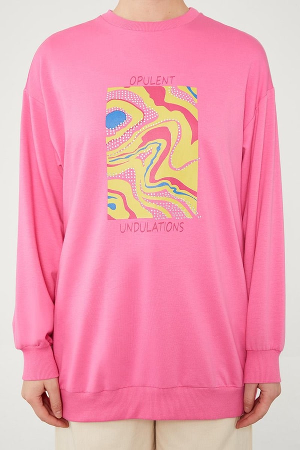 LevidorLevidor Fuşya Bisiklet Yaka Taş Baskılı Sweat