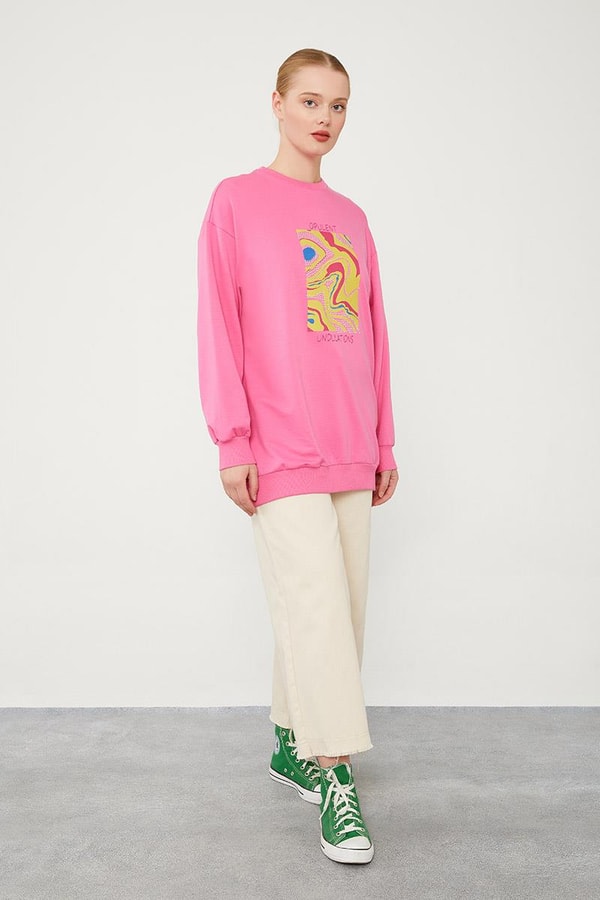 LevidorLevidor Fuşya Bisiklet Yaka Taş Baskılı Sweat