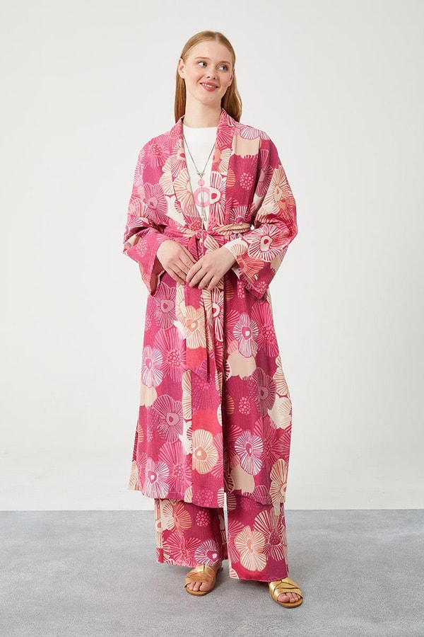 LevidorLevidor Fuşya İkili Takım Keten Çiçekli Kimono