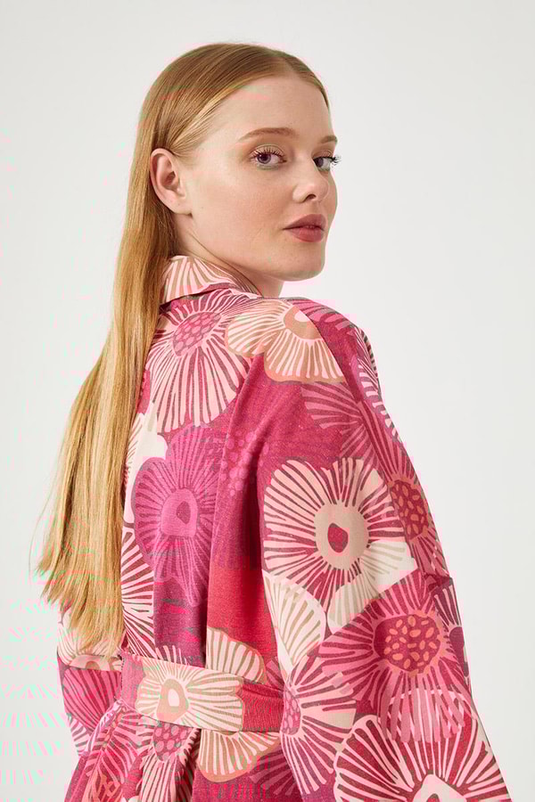 LevidorLevidor Fuşya İkili Takım Keten Çiçekli Kimono