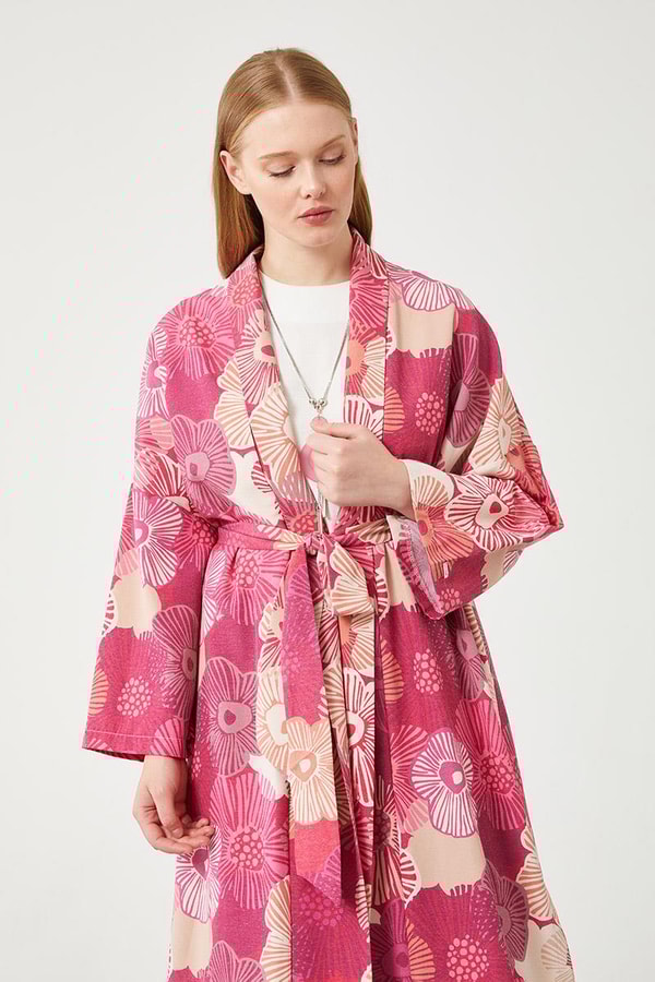 LevidorLevidor Fuşya İkili Takım Keten Çiçekli Kimono