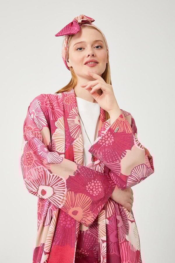 LevidorLevidor Fuşya İkili Takım Keten Çiçekli Kimono