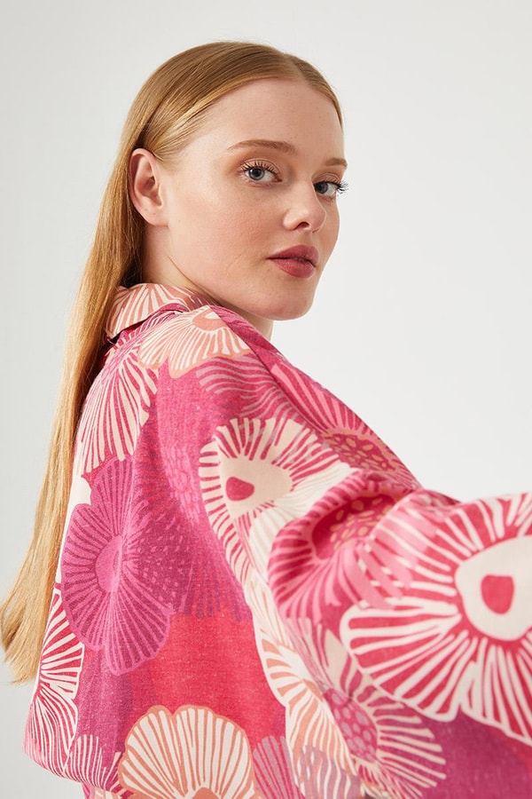 LevidorLevidor Fuşya İkili Takım Keten Çiçekli Kimono