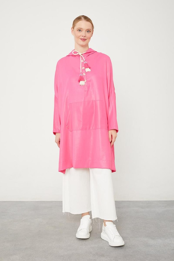 LevidorLevidor Fuşya Kanguru Çepli Parlak Kumaş Tunik