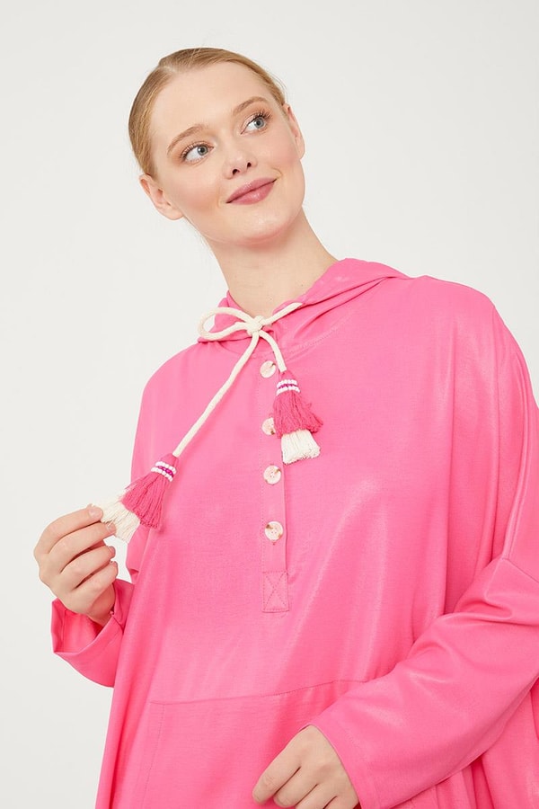 LevidorLevidor Fuşya Kanguru Çepli Parlak Kumaş Tunik