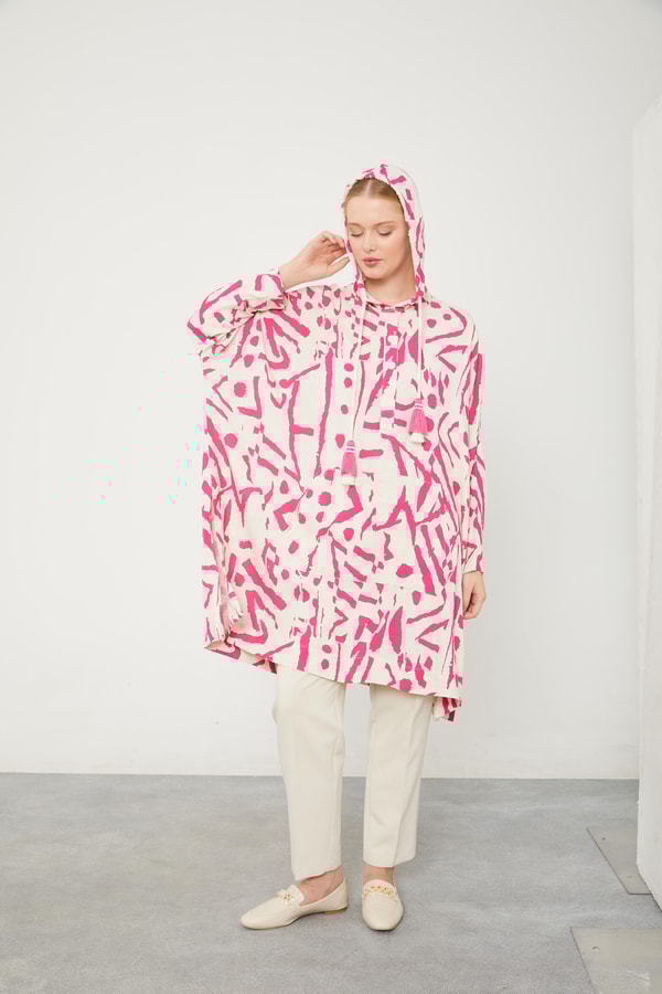 LevidorLevidor Fuşya Kapüşonlu Püskül Detaylı Keten Tunik