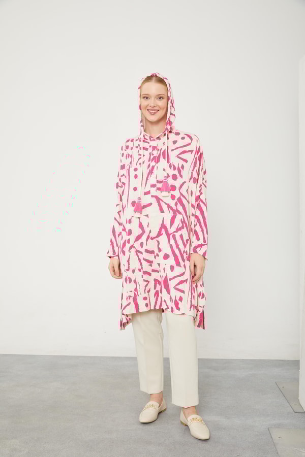 LevidorLevidor Fuşya Kapüşonlu Püskül Detaylı Keten Tunik