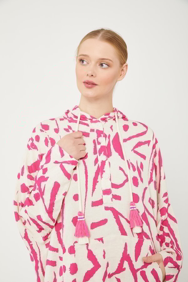 LevidorLevidor Fuşya Kapüşonlu Püskül Detaylı Keten Tunik