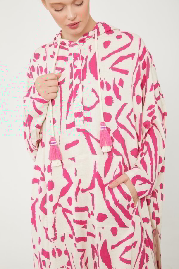 LevidorLevidor Fuşya Kapüşonlu Püskül Detaylı Keten Tunik