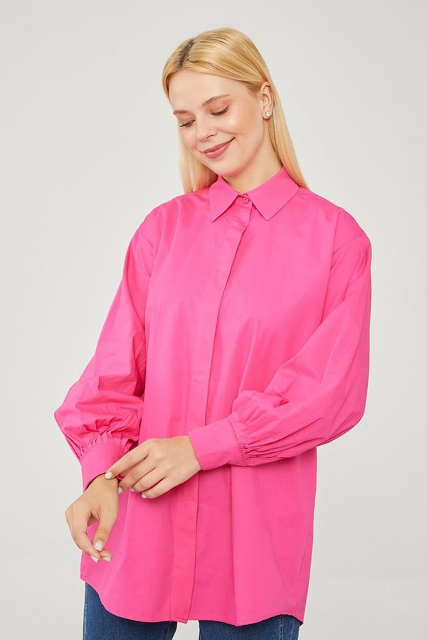 LevidorLevidor Fuşya Oversize Balon Kol Poplin Gömlek