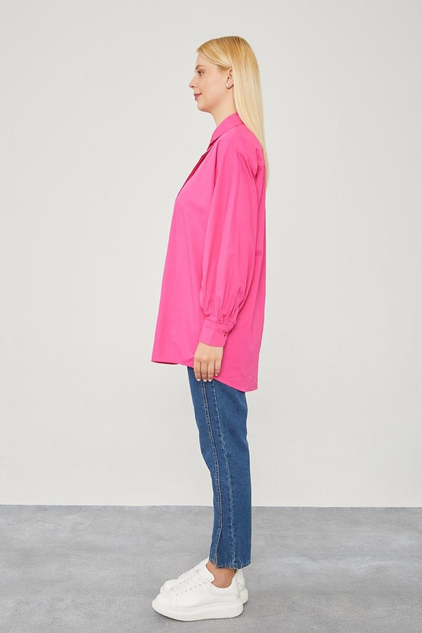 LevidorLevidor Fuşya Oversize Balon Kol Poplin Gömlek