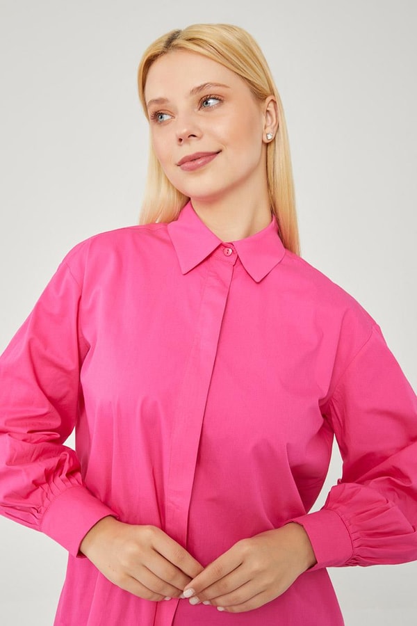 LevidorLevidor Fuşya Oversize Balon Kol Poplin Gömlek