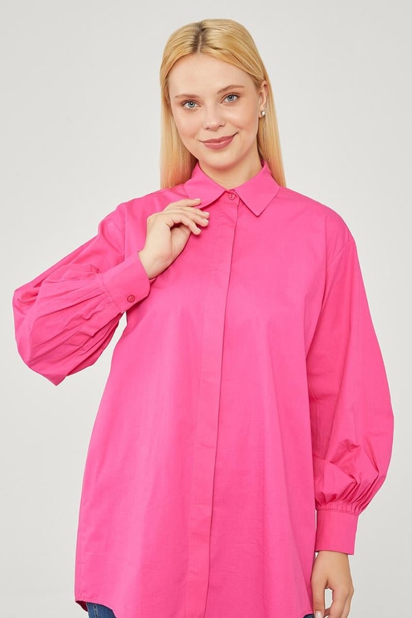 LevidorLevidor Fuşya Oversize Balon Kol Poplin Gömlek