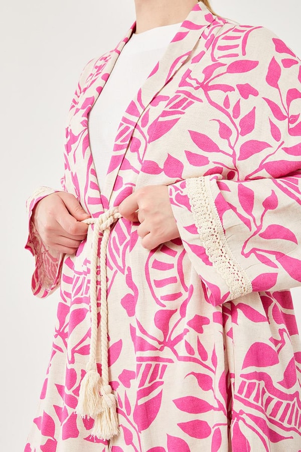 LevidorLevidor Fuşya Yaprak Desen Keten Kimono Takım