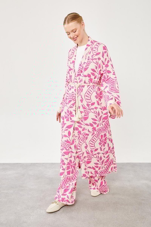 LevidorLevidor Fuşya Yaprak Desen Keten Kimono Takım