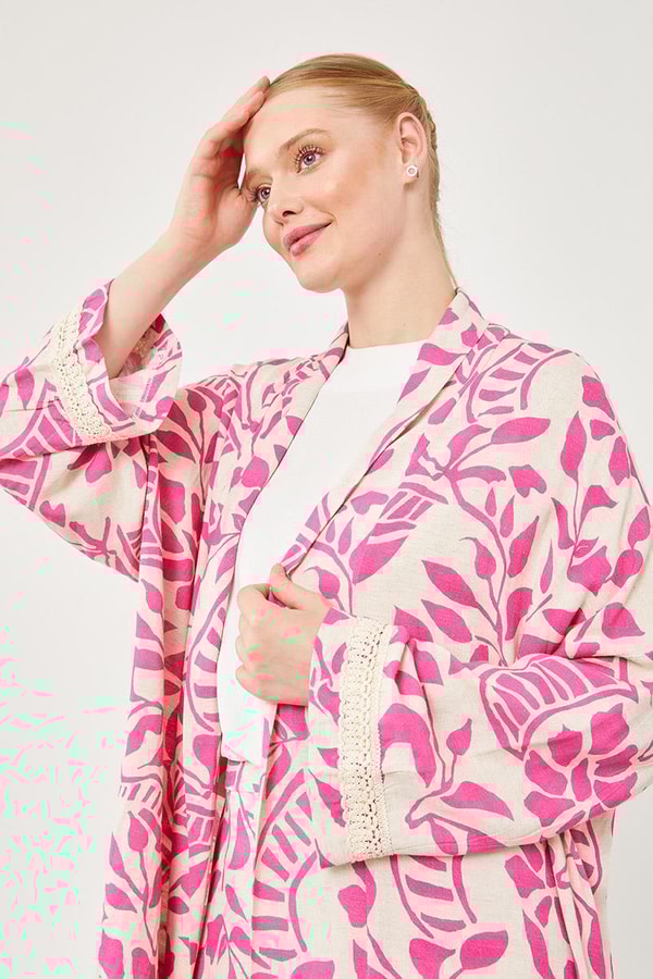 LevidorLevidor Fuşya Yaprak Desen Keten Kimono Takım