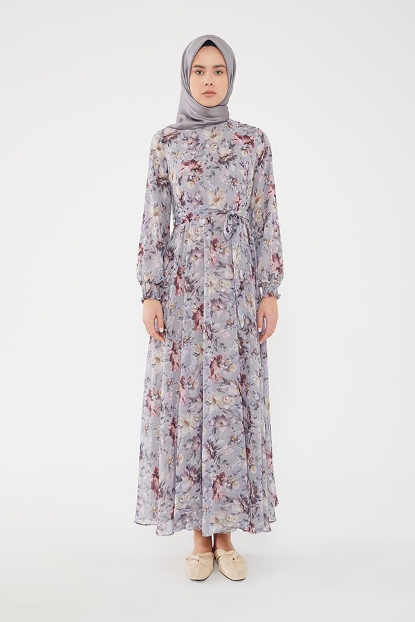 LevidorLevidor Gri Çiçek desen şifon elbise