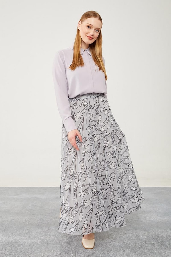 LevidorLevidor Gri Çiçek Desen Şifon Etek