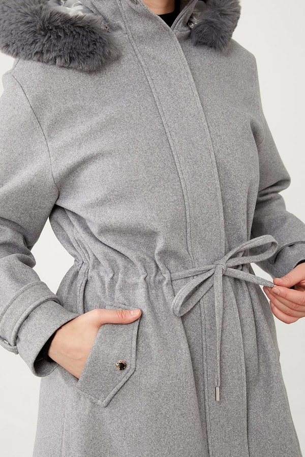 LevidorLevidor Gri Kapüşonlu Belden Büzgü Detaylı Kaşe Kaban