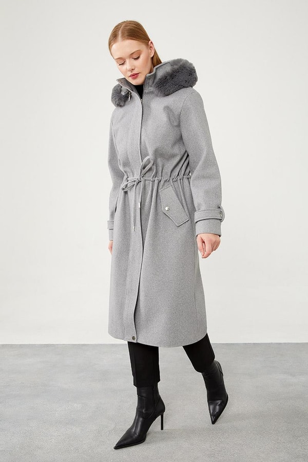 LevidorLevidor Gri Kapüşonlu Belden Büzgü Detaylı Kaşe Kaban