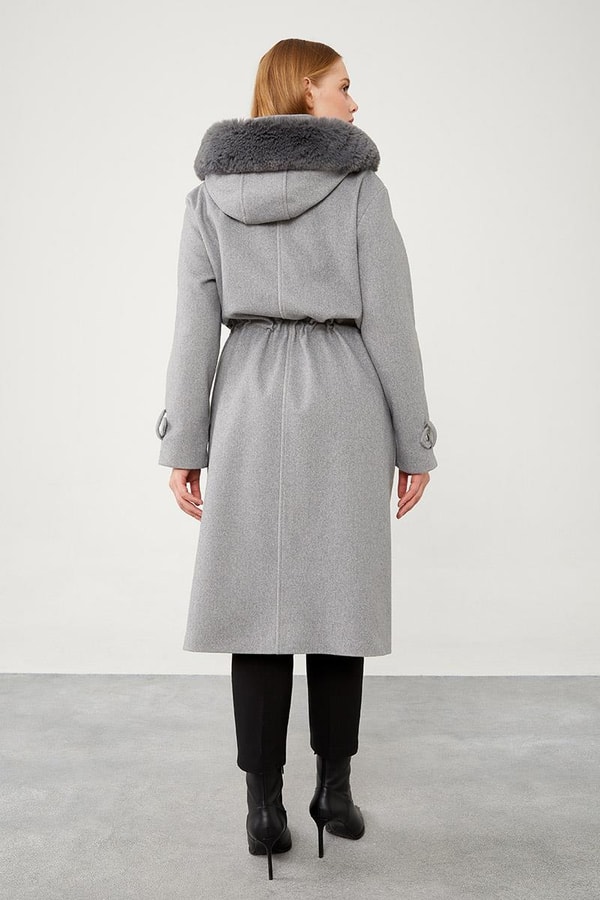 LevidorLevidor Gri Kapüşonlu Belden Büzgü Detaylı Kaşe Kaban