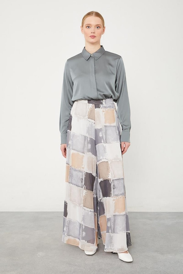 LevidorLevidor Gri Kare Desen Geniş Paçalı Pantolon