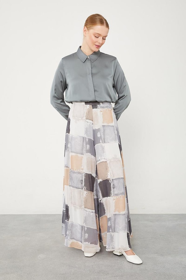 LevidorLevidor Gri Kare Desen Geniş Paçalı Pantolon