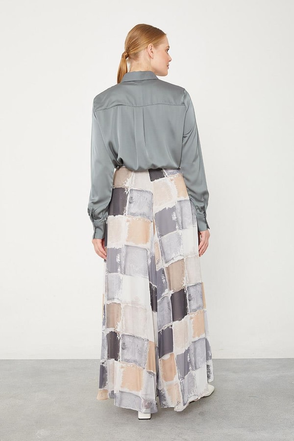 LevidorLevidor Gri Kare Desen Geniş Paçalı Pantolon