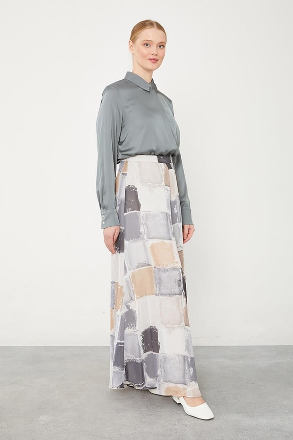 LevidorLevidor Gri Kare Desen Geniş Paçalı Pantolon