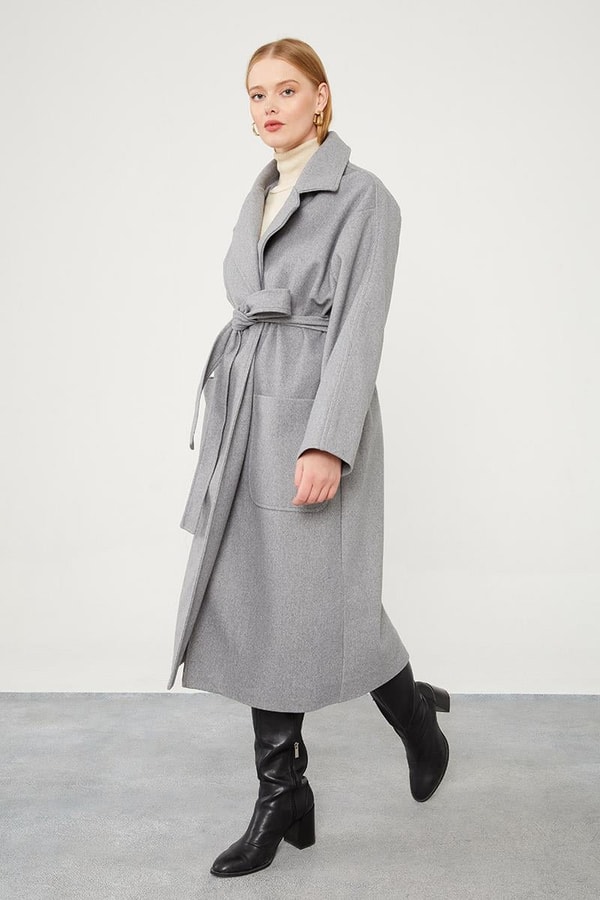 LevidorLevidor Gri Kuşak Bağlamalı Kaşe Kaban