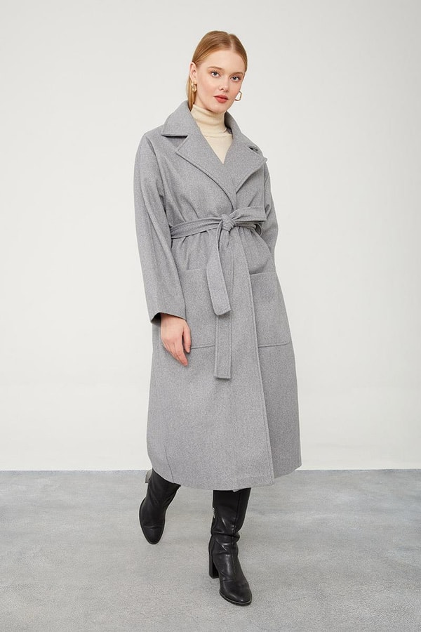 LevidorLevidor Gri Kuşak Bağlamalı Kaşe Kaban