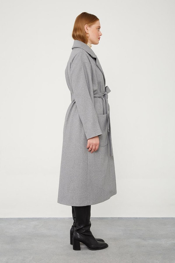 LevidorLevidor Gri Kuşak Bağlamalı Kaşe Kaban