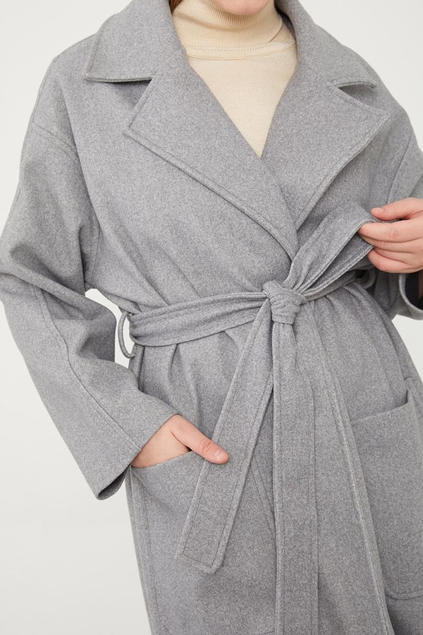 LevidorLevidor Gri Kuşak Bağlamalı Kaşe Kaban