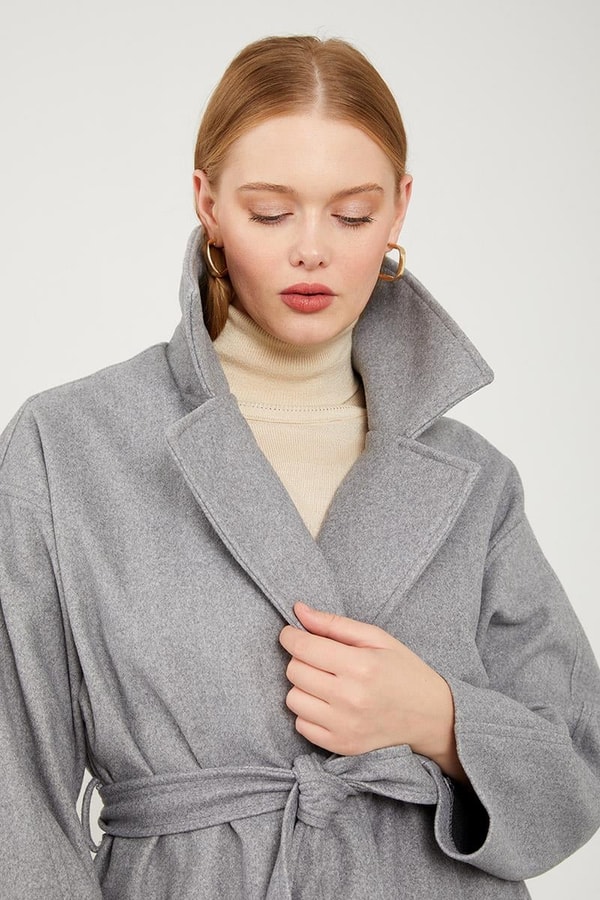 LevidorLevidor Gri Kuşak Bağlamalı Kaşe Kaban