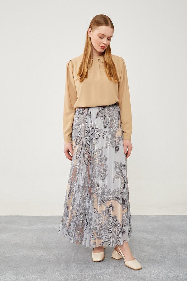 LevidorLevidor Gri Pliseli Çiçek Desen Şifon Etek